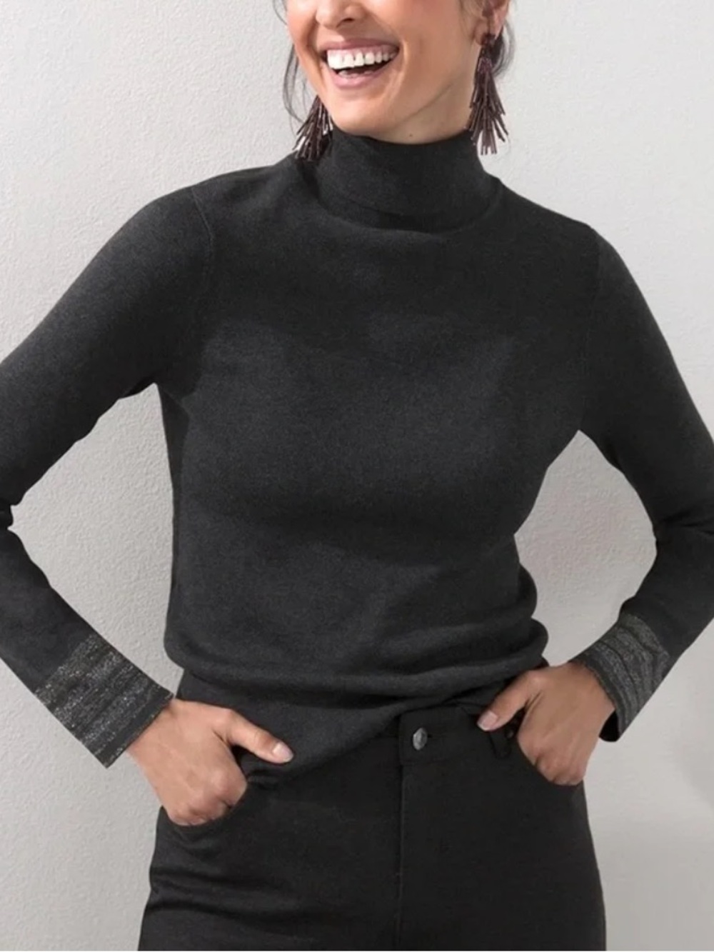 Chico's NWT Charcoal knit Turtleneck Sweater with Metallic Stripes Woman S 0